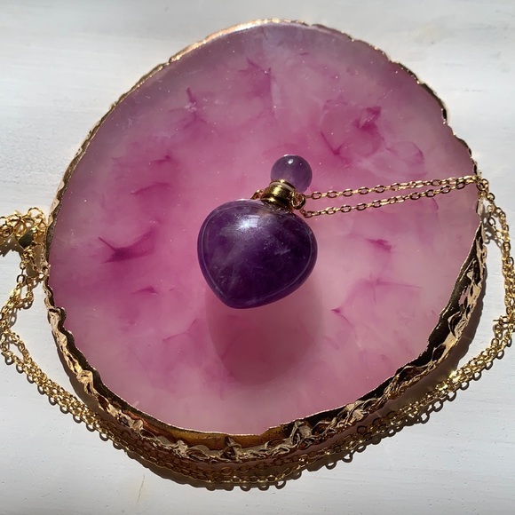 Hand Crafted Jewelry - Amethyst Perfume Bottle Amethyst Heart Shaped Necklace Gold Perfume Necklace
